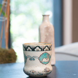 手作り 陶器 角型茶碗 ベージュと緑 茶碗 – 窯と土～Kama-to-tsuchi～
