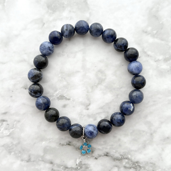 天然石 ソーダライト ブレスレット 8ミリ玉 ブルー 青 ネイビー 花