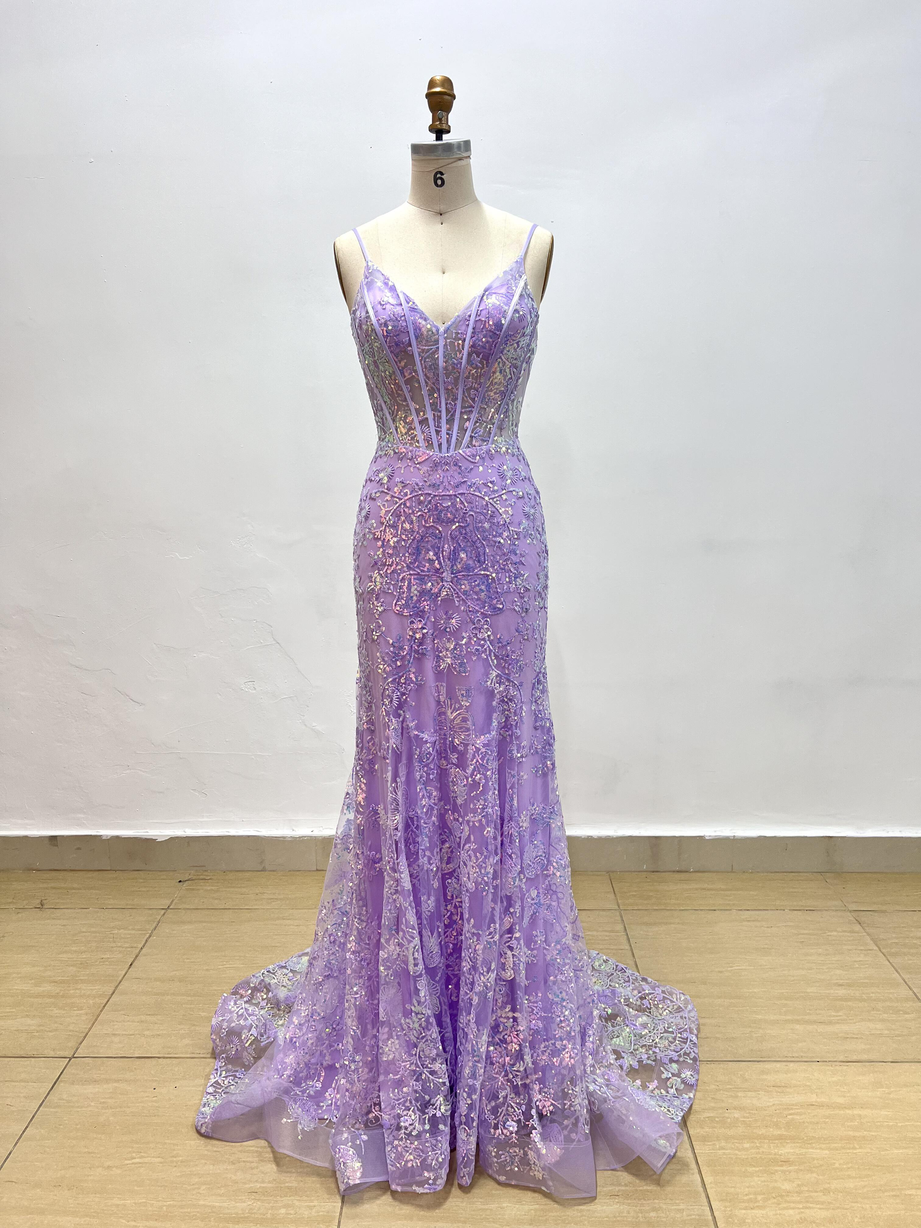 新作　2025夏婚咲き誇る小花レース　ラベンダー色　マーメイドドレス　チャック　紫パープル　パーティードレス　スパコール