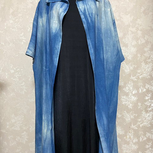 316.藍染めのコート、ゆったり 絞り染め 手染め 柔らかい ロング