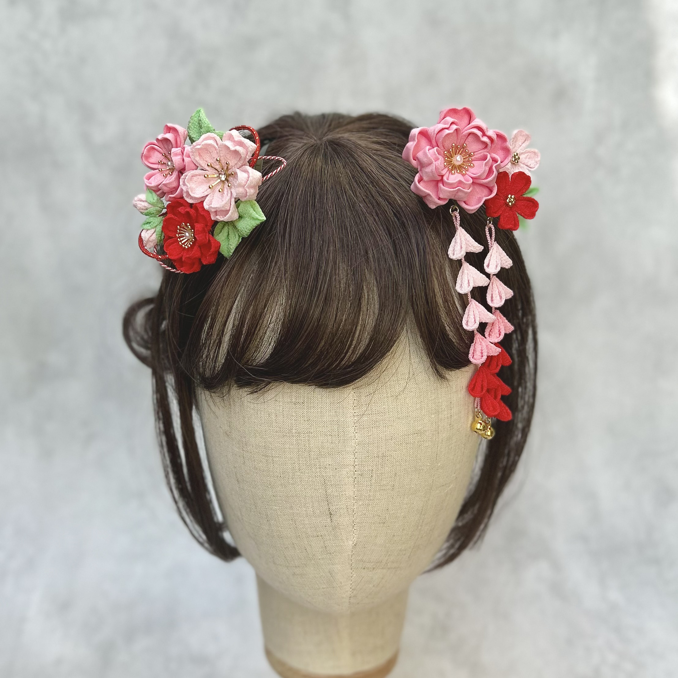 七五三（３歳さん向け）桜かんざしセット つまみ細工 赤 ピンク   *髪飾り *藤下がり *日本髪 *浴衣 *卒園 *袴