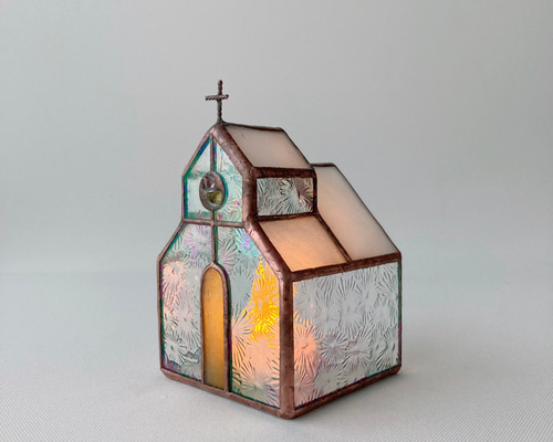 中澤様分 ステンドグラス 教会型LEDキャンドルホルダー 白い屋根 赤い