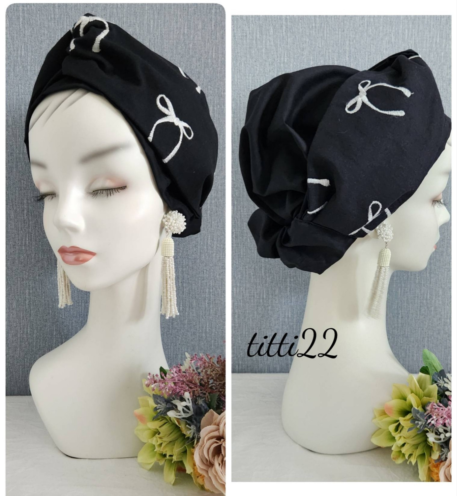 new【人気のリボン刺繍】帽子にもなるヘアターバン