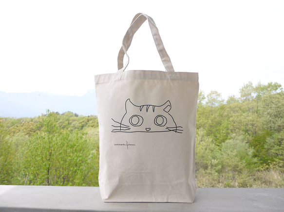 ねこ大好きなあなたへ　シンプル　トートバッグ　エコバッグ　にゃんこ　ナチュラル　ブラウン　グリーン 1枚目の画像