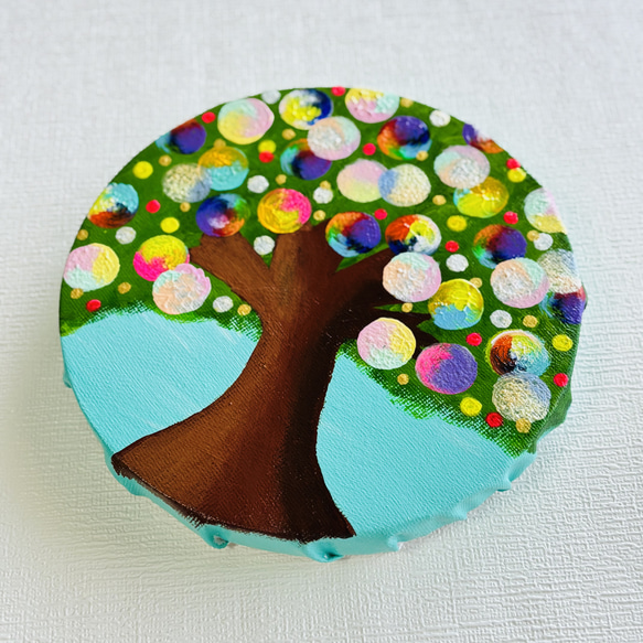 アクリル絵の具 キャンバスアート 幸せの実 大きな木 カラフル 15cm