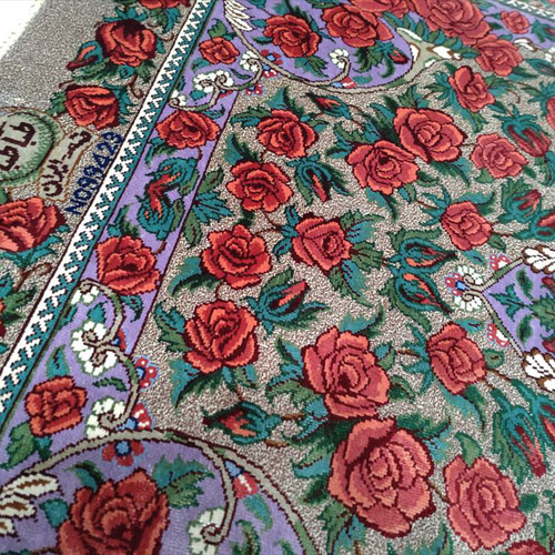 ペルシャ絨毯クム産シルク 薔薇 タバタバイ工房 玄関マット 93x60cm