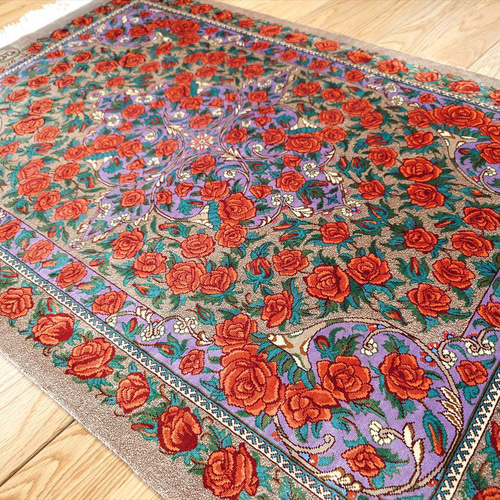 ペルシャ絨毯クム産シルク 薔薇 タバタバイ工房 玄関マット 93x60cm