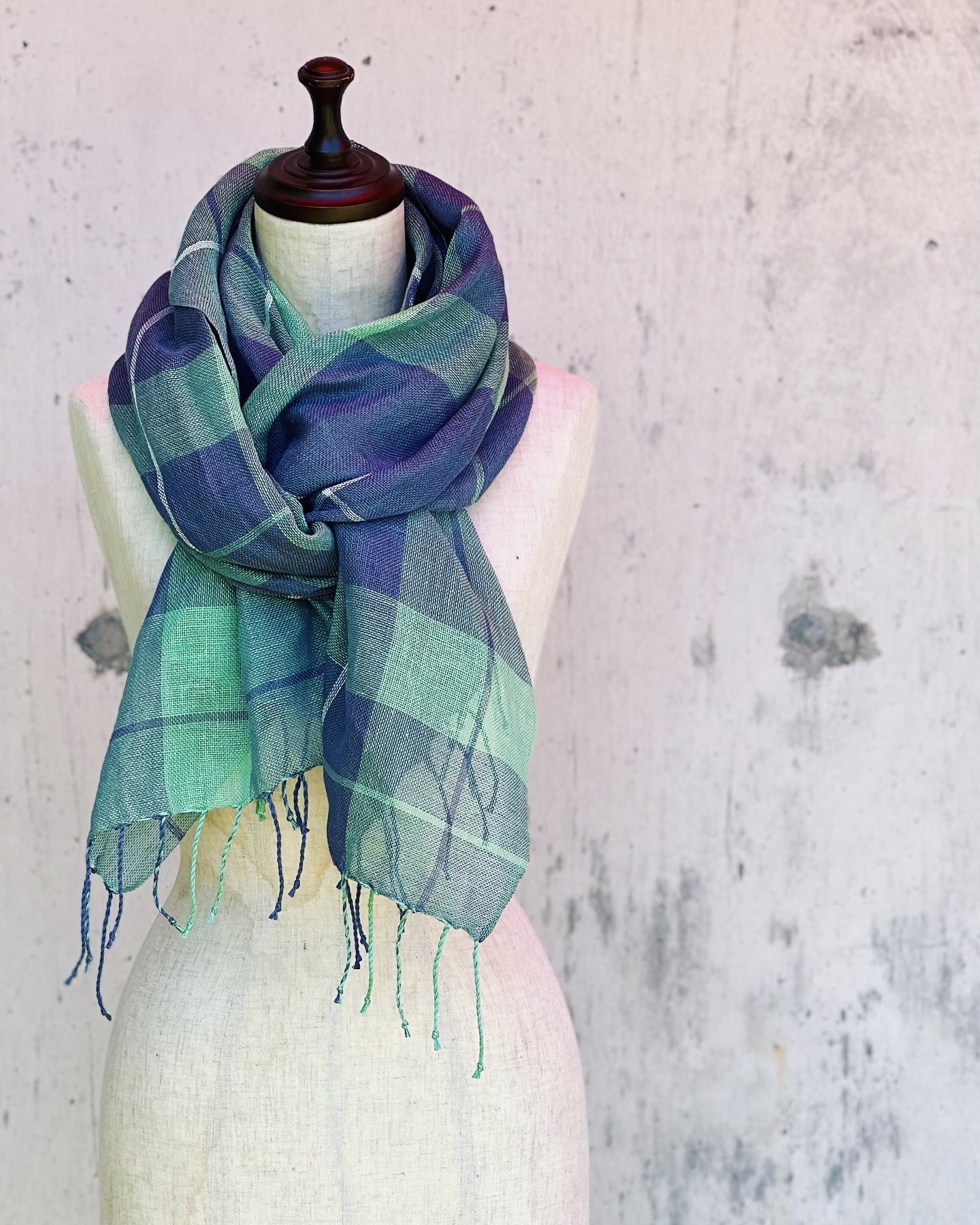 【LINEN100%ストール】グリーン×ブラック