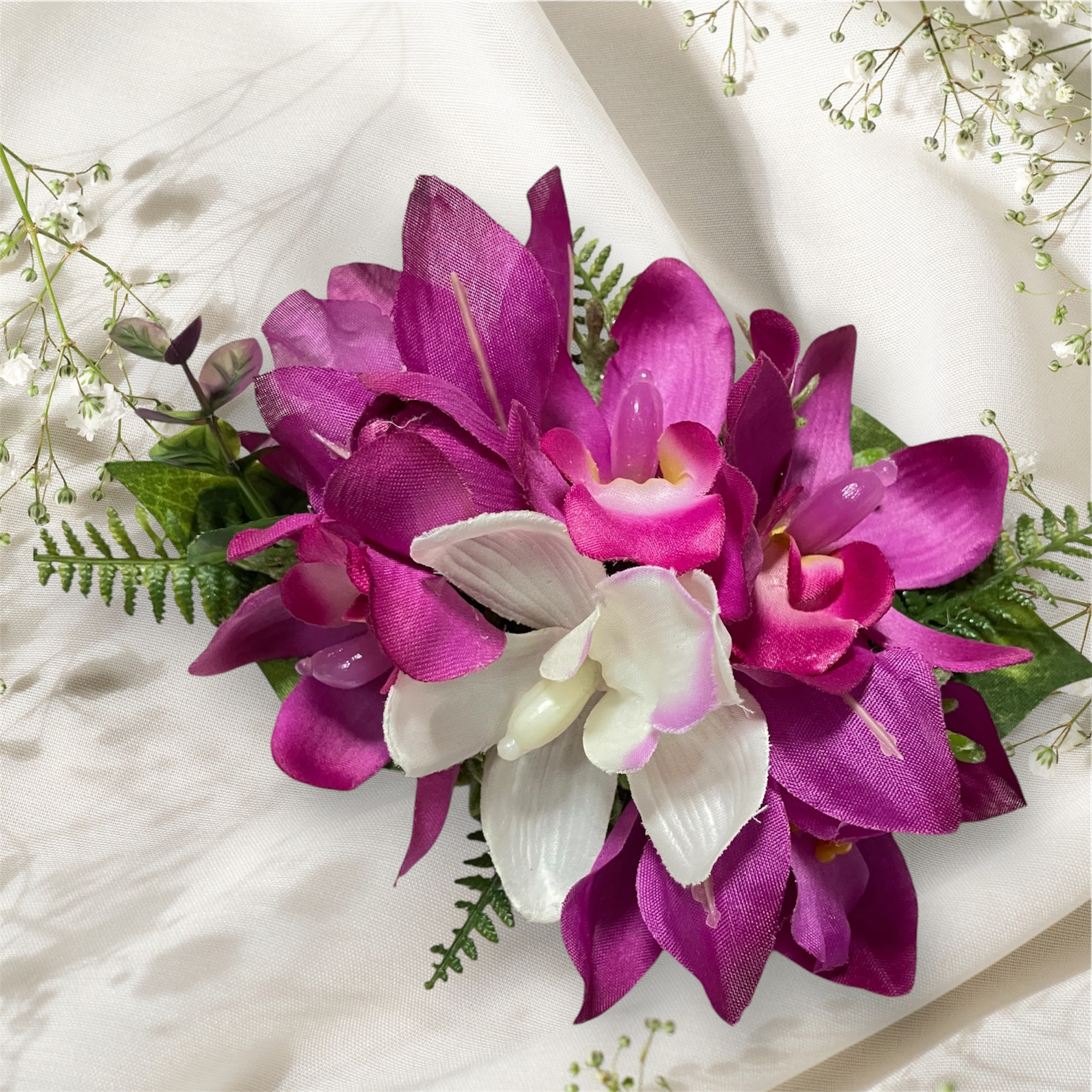 ラベンダーパープルのシンビジューム＆優しいピンクオーキッド/フラダンス髪飾り/ブライダル/アーティシャルフラワー/紫