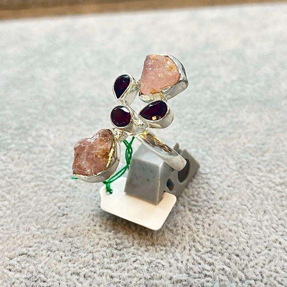 シルバーリング 18号 ローズクォーツ ガーネット ピンク  天然石 ハンドメイド 手作 シルバー925 一点物