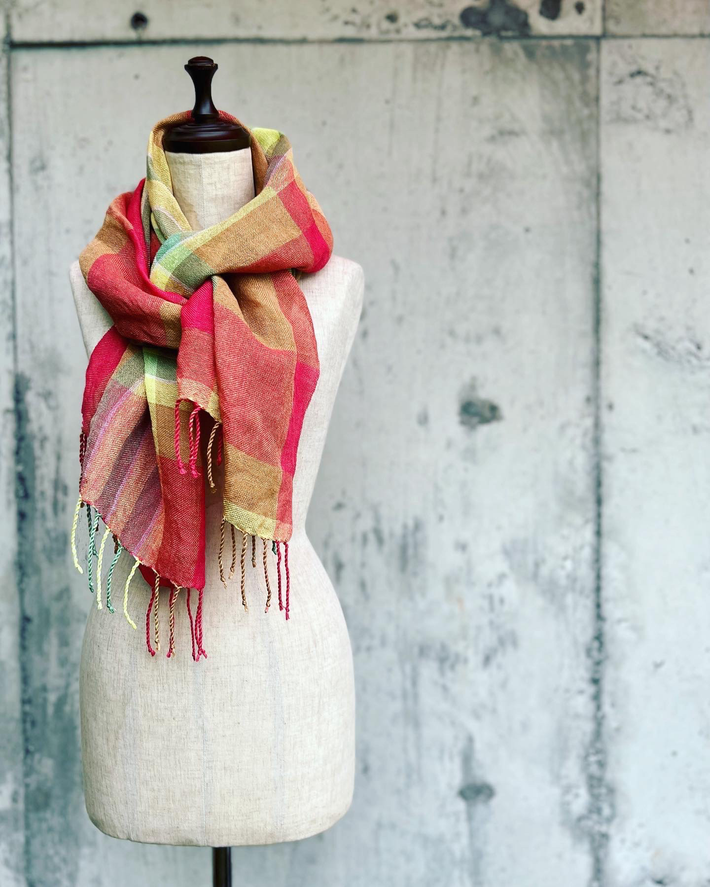 【LINEN100%ストール】ピンク×グリーン