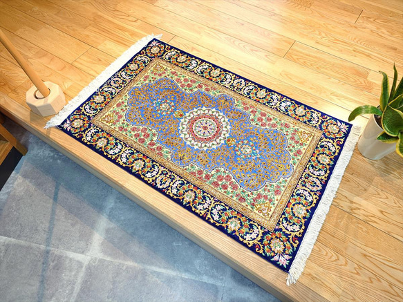ペルシャ絨毯クム産シルク サラヤン工房 玄関マット 92x60㎝ ブルー