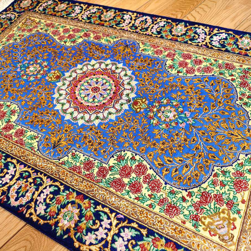 ペルシャ絨毯クム産シルク サラヤン工房 玄関マット 92x60㎝ ブルー