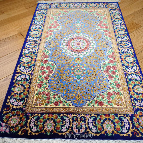 ペルシャ絨毯クム産シルク サラヤン工房 玄関マット 92x60㎝ ブルー