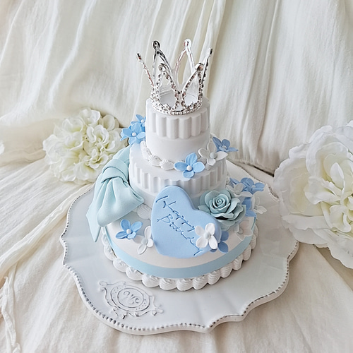 クレイケーキ フェイクケーキ バースデー ティアラリボン ブルー