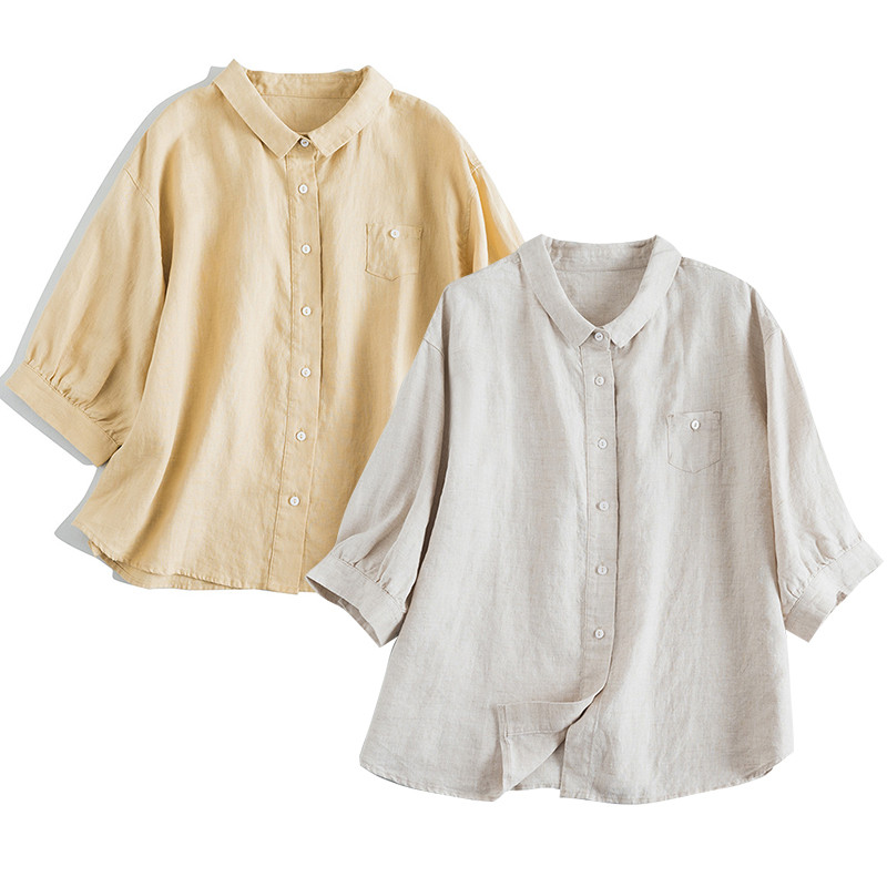 7分袖丈リネンシャツ　シンプルショートリネンシャツ　8色　フリーサイズ　L622
