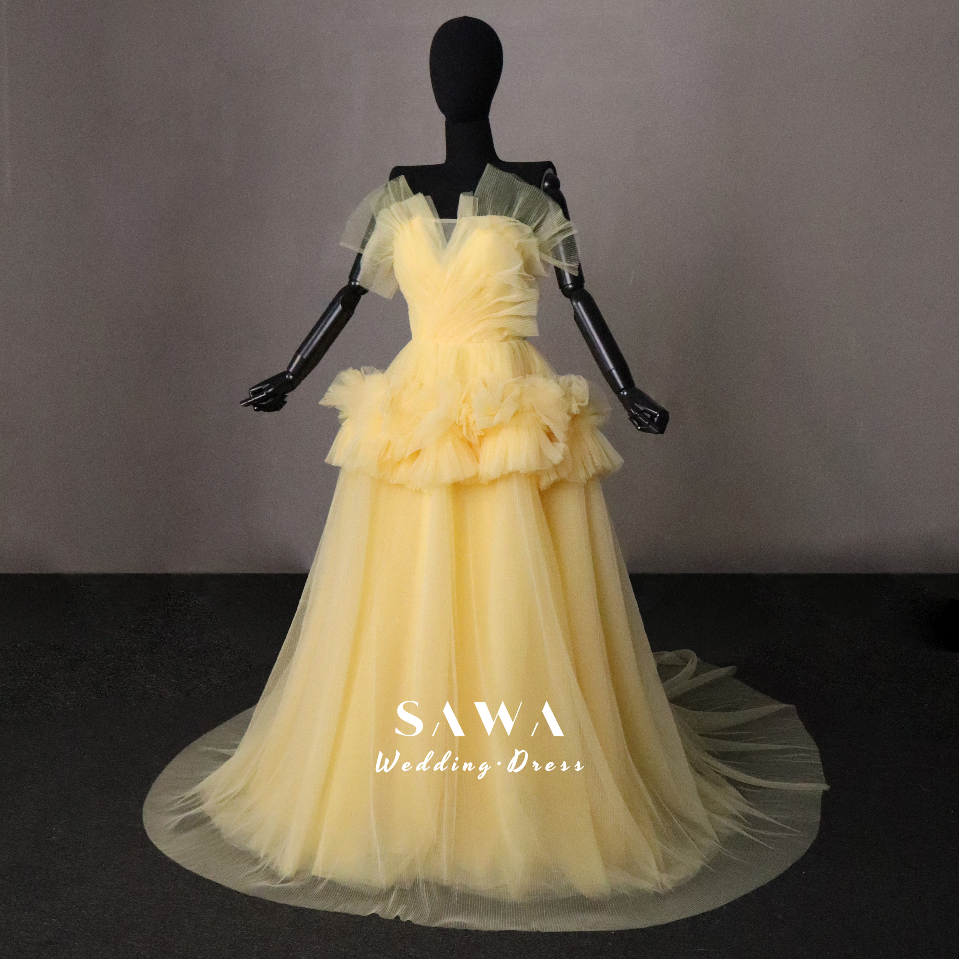 お買い得　胸フリル　ふんわりチュール　カラー変更可能　Aライン　痩せて見える　ギャザー　前撮りお呼ばれ二次会パーティー