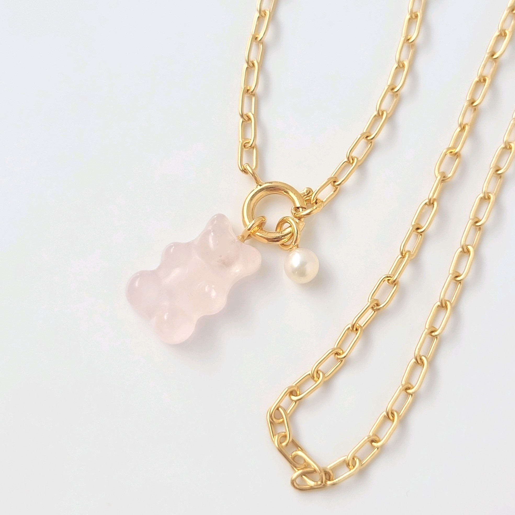 【3way以上♪】ローズクォーツのグミベアネックレス　パール付き【数量限定】