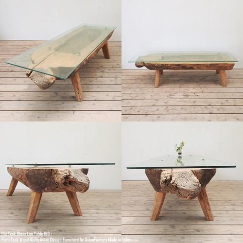 希少 オールドチーク ガラス 丸太 テーブル 155cm×50cm×42cm 木製 木