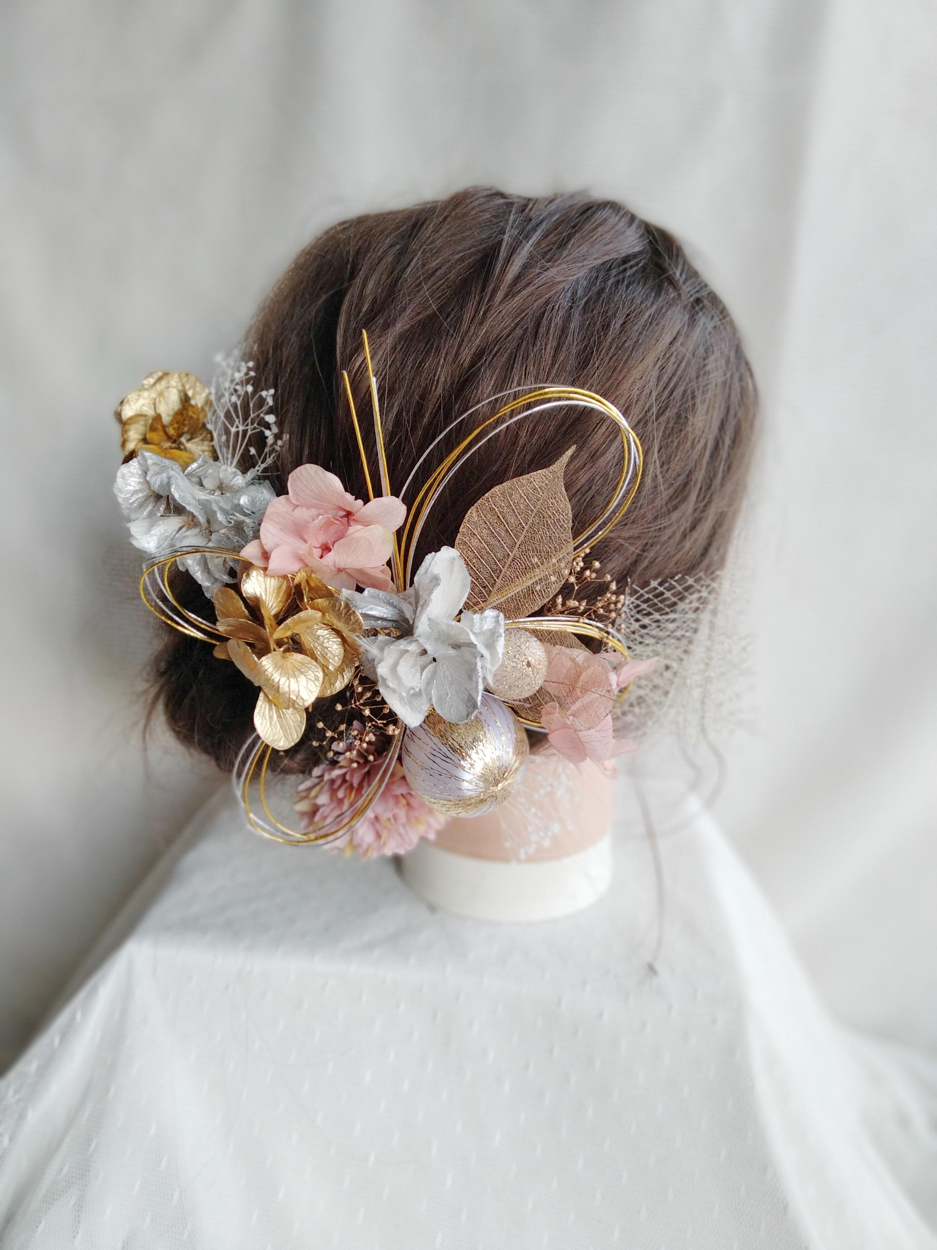 水引と和玉の三色の髪飾り　卒業式　成人式　結婚式　ドライフラワー　プリザーブドフラワー