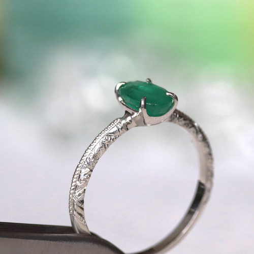 天然エメラルド0.799ctカラットの刻み模様シルバーリング シルバー925
