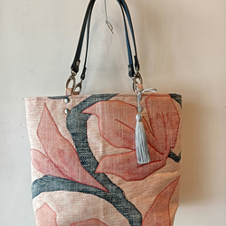 一点物】名古屋帯リメイクトートバッグ｜手縫い刺繍×本革持ち手 トート