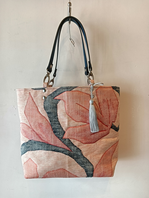 一点物】名古屋帯リメイクトートバッグ｜手縫い刺繍×本革持ち手 トート