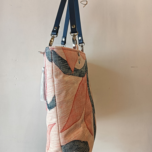 一点物】名古屋帯リメイクトートバッグ｜手縫い刺繍×本革持ち手 トート