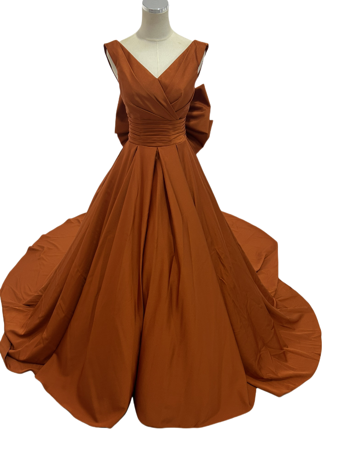 パーティードレス Vネック テラコッタ色 高級イタリアサテン 編み上げ 滑らか ノースリーブ