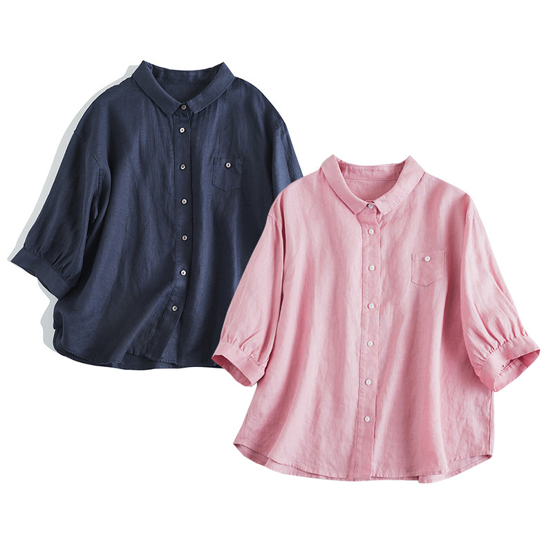 7分袖丈リネンシャツ　シンプルショートリネンシャツ　8色　フリーサイズ　L622