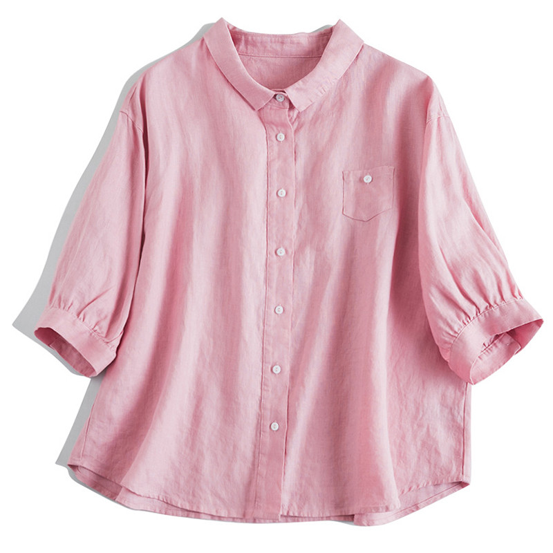 7分袖丈リネンシャツ　シンプルショートリネンシャツ　8色　フリーサイズ　L622