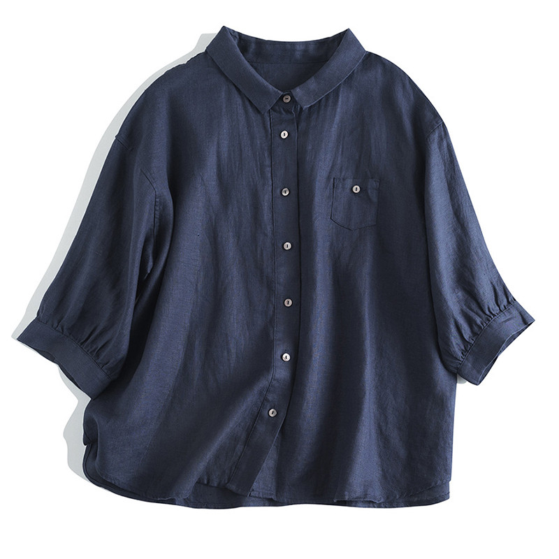 7分袖丈リネンシャツ　シンプルショートリネンシャツ　8色　フリーサイズ　L622