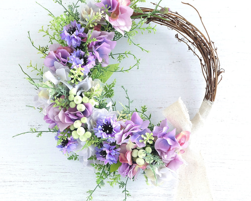 矢車草とアジサイのハーフリース［アーティフィシャルフラワー28cm