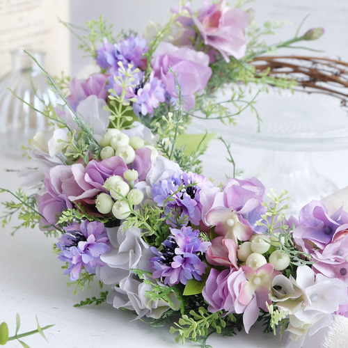 矢車草とアジサイのハーフリース［アーティフィシャルフラワー28cm