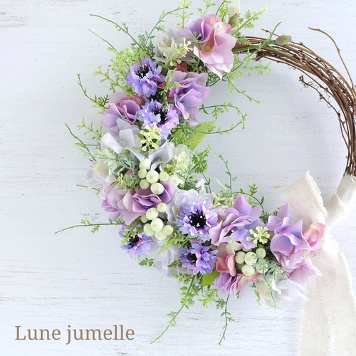 矢車草とアジサイのハーフリース［アーティフィシャルフラワー28cm