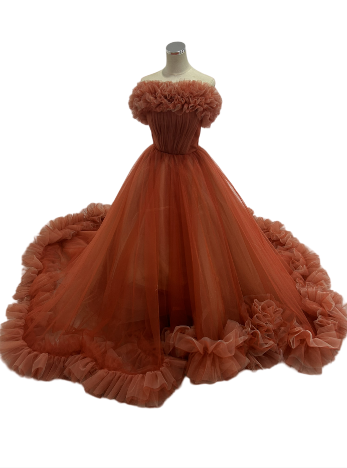 カラードレス テラコッタ色 取り外しオフショルダー リボントレーン 披露宴/結婚式 可愛い プリンセスライン
