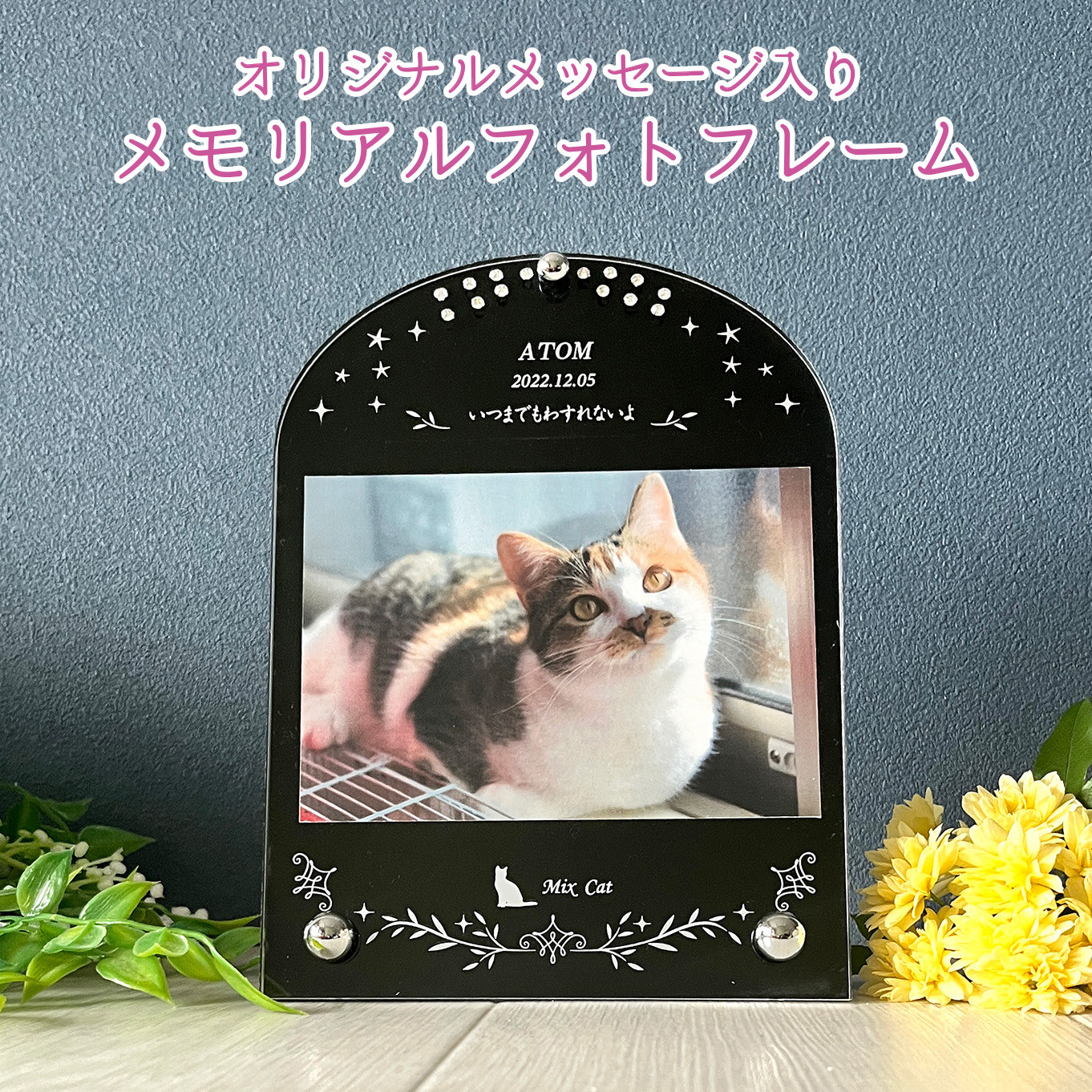 スワロ付き猫ちゃん・メモリアルフォトフレーム＊お名前・日付入り＊