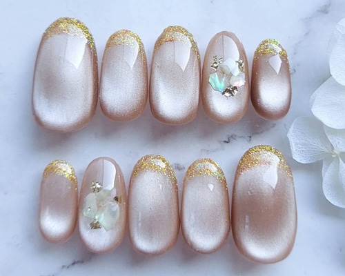 10本マグネットネイル ゴールドフレンチ うるつやマグネット 大人っ