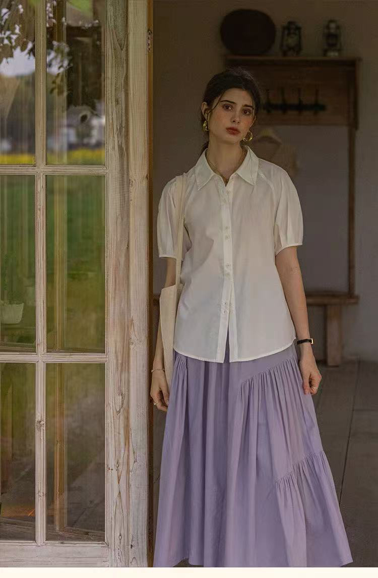 薄くて涼しい半袖シャツ　二色　シャツブラウス