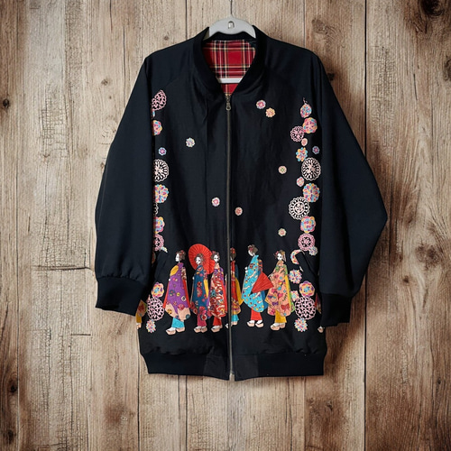 お尻が隠れるロング丈ブルゾン 舞妓さん柄 和柄 スカジャン ジャケット