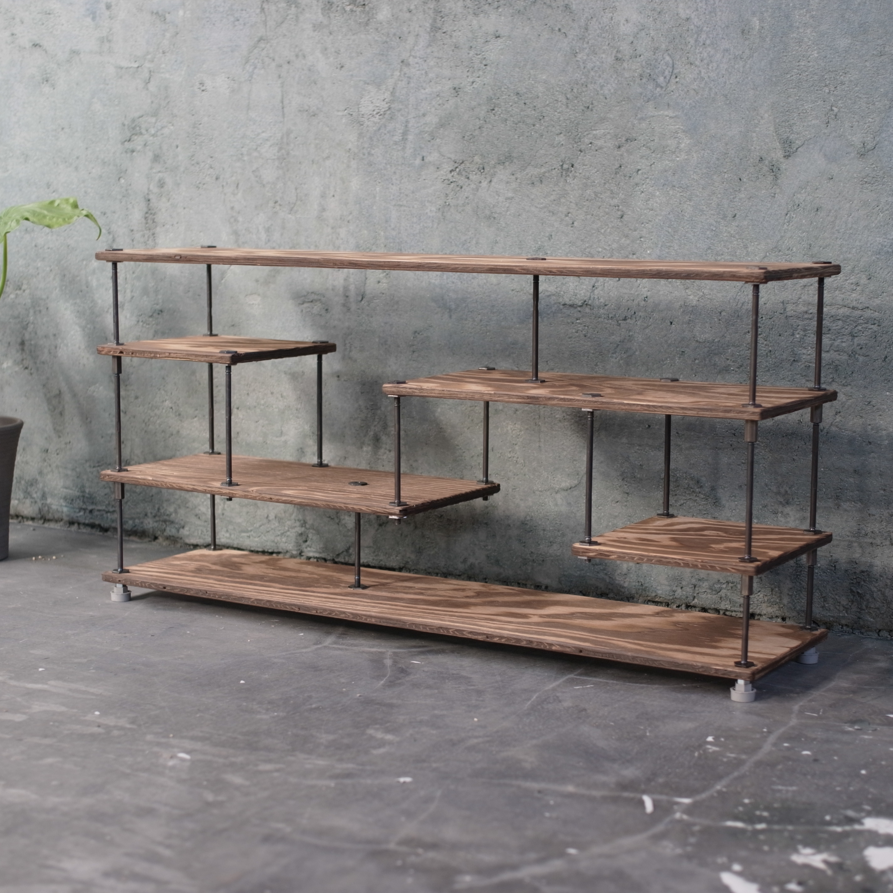 【送料込】wood iron shelf 450*910*225　ブラウン アイアン シェルフ 収納 TV台 ローボード