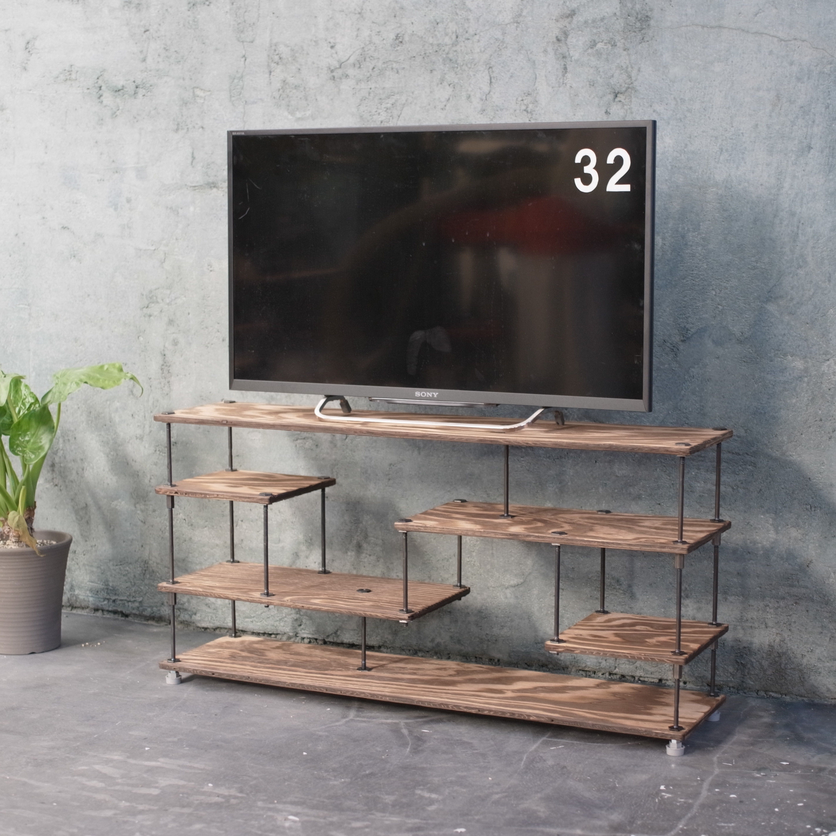 【送料込】wood iron shelf 450*910*225　ブラウン アイアン シェルフ 収納 TV台 ローボード