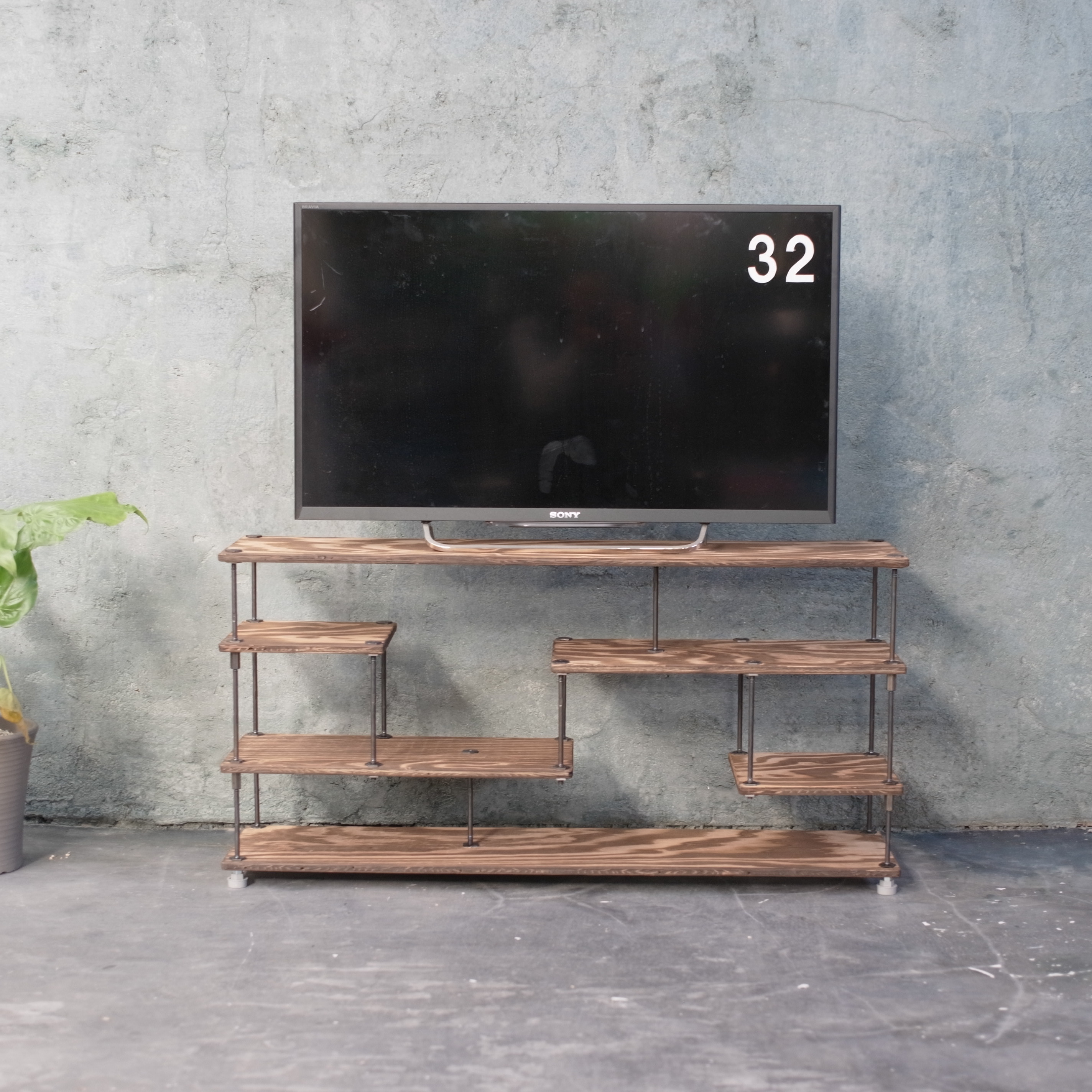 【送料込】wood iron shelf 450*910*225　ブラウン アイアン シェルフ 収納 TV台 ローボード