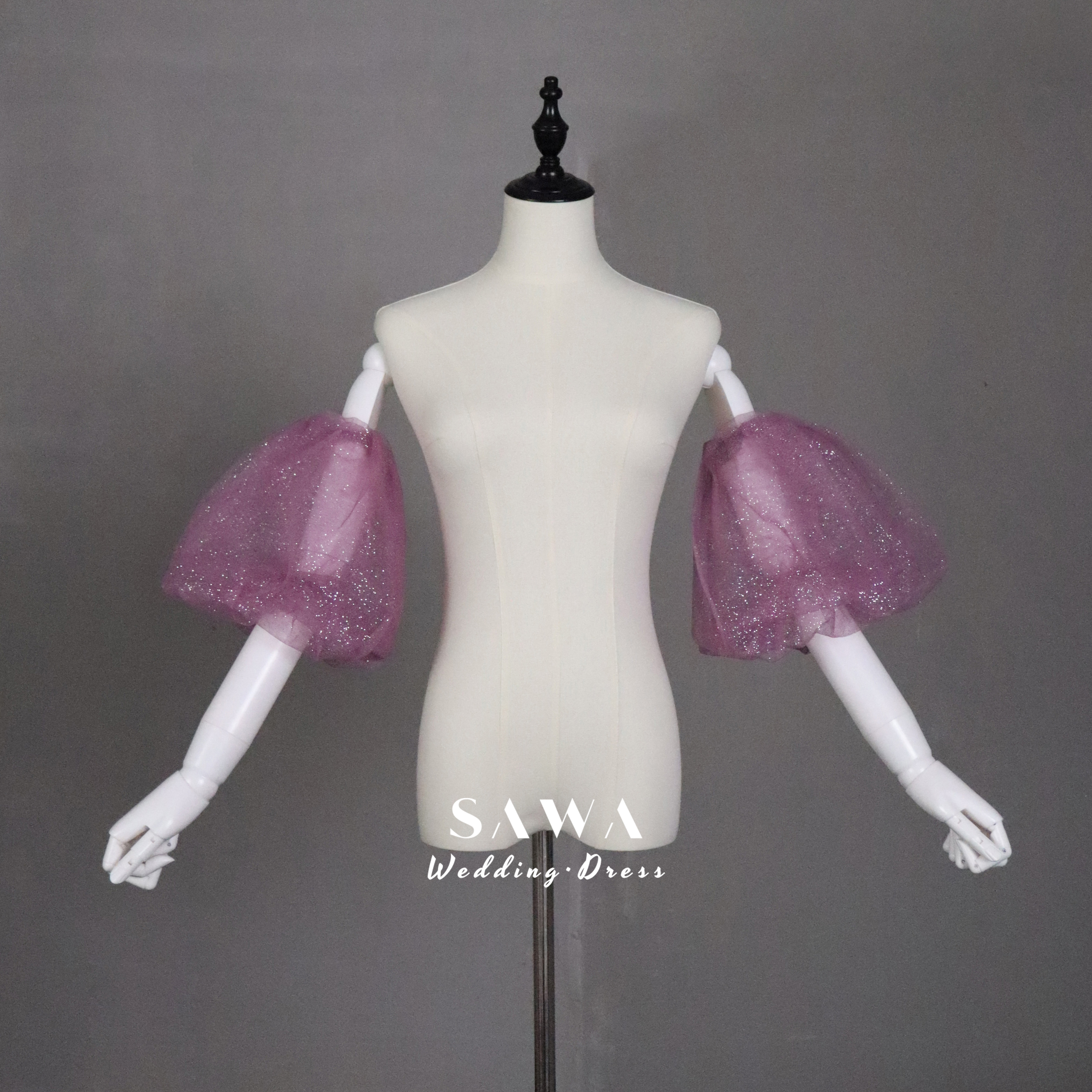 送料無料　パープル　可愛い　パフスリーブ　ラメ入り　お色直し　キラキラ　二の腕カバー花嫁オフショルダー付け袖　ドレス小物