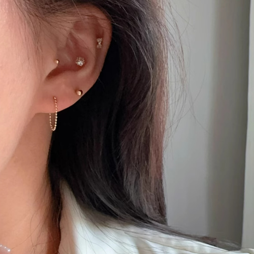 10K（片耳）K10YGチェーンフープ ピアス K10ゴールドカットボール