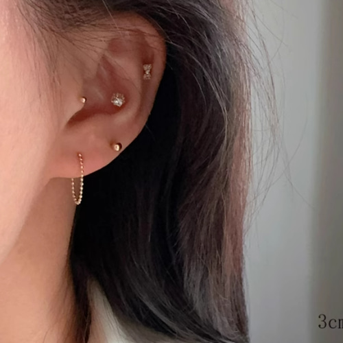 10K（片耳）K10YGチェーンフープ ピアス K10ゴールドカットボール