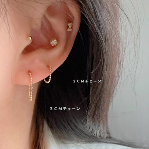 10K（片耳）K10YGチェーンフープ ピアス K10ゴールドカットボール