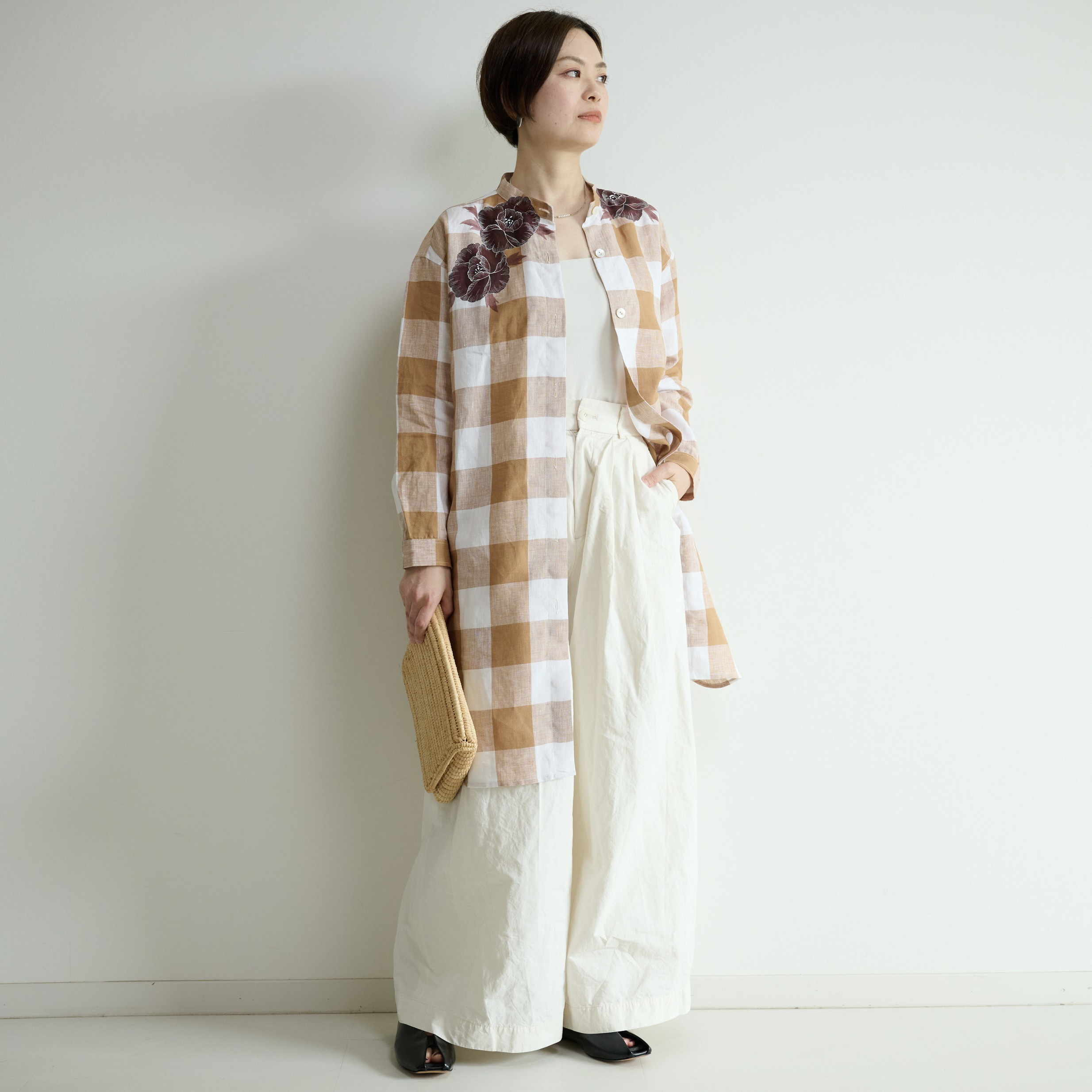 チェックリネン・チュニックシャツ　牡丹