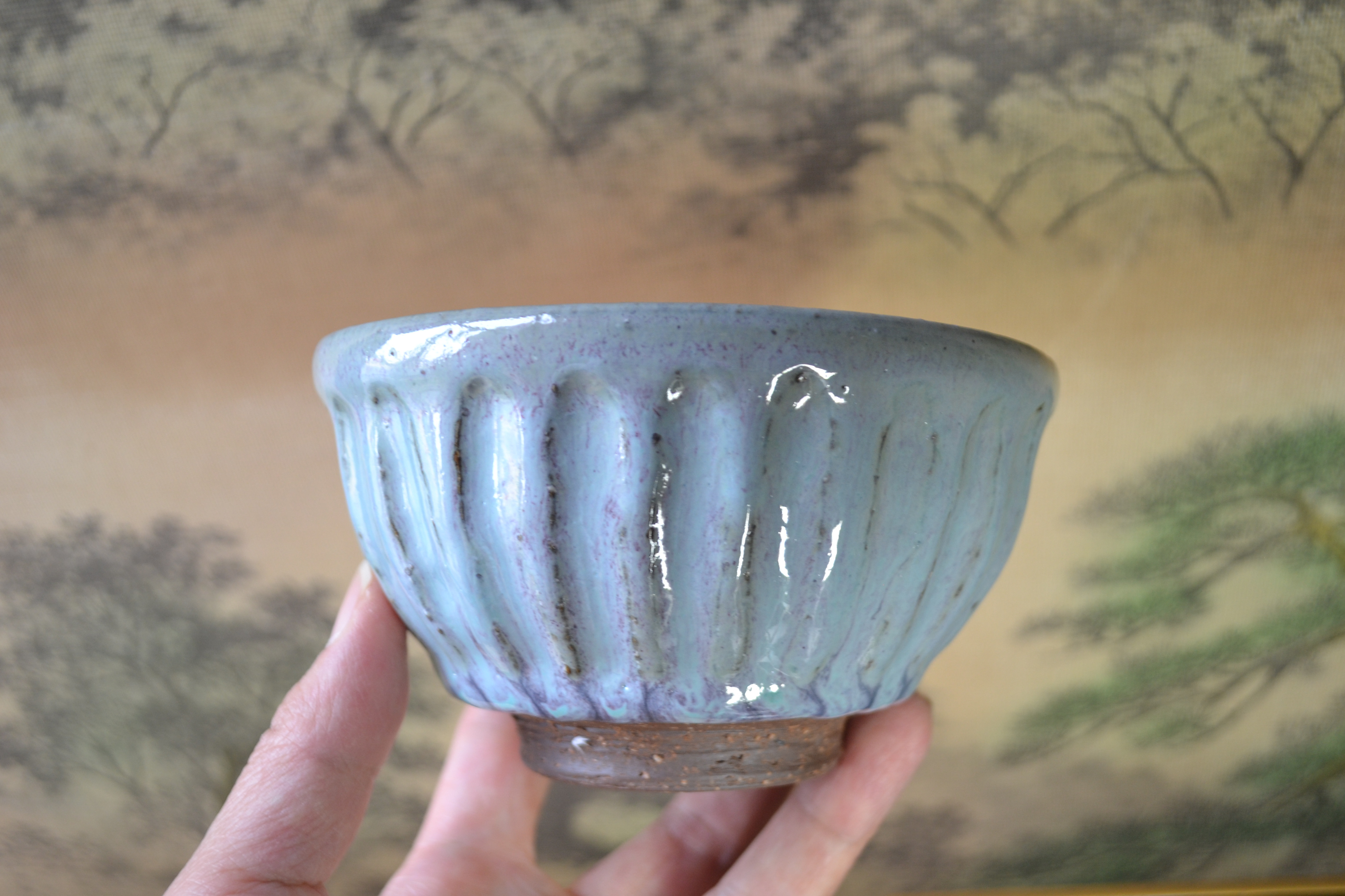 【再入荷！】茶碗(紫陽花釉)しのぎ　カフェオレボウル　一服碗　★萩焼き 陶器