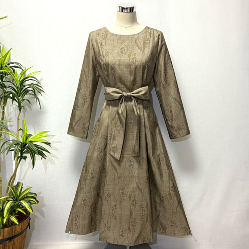 着物リメイク 大島紬ワンピース アンティーク Aライン 花柄 2WAY